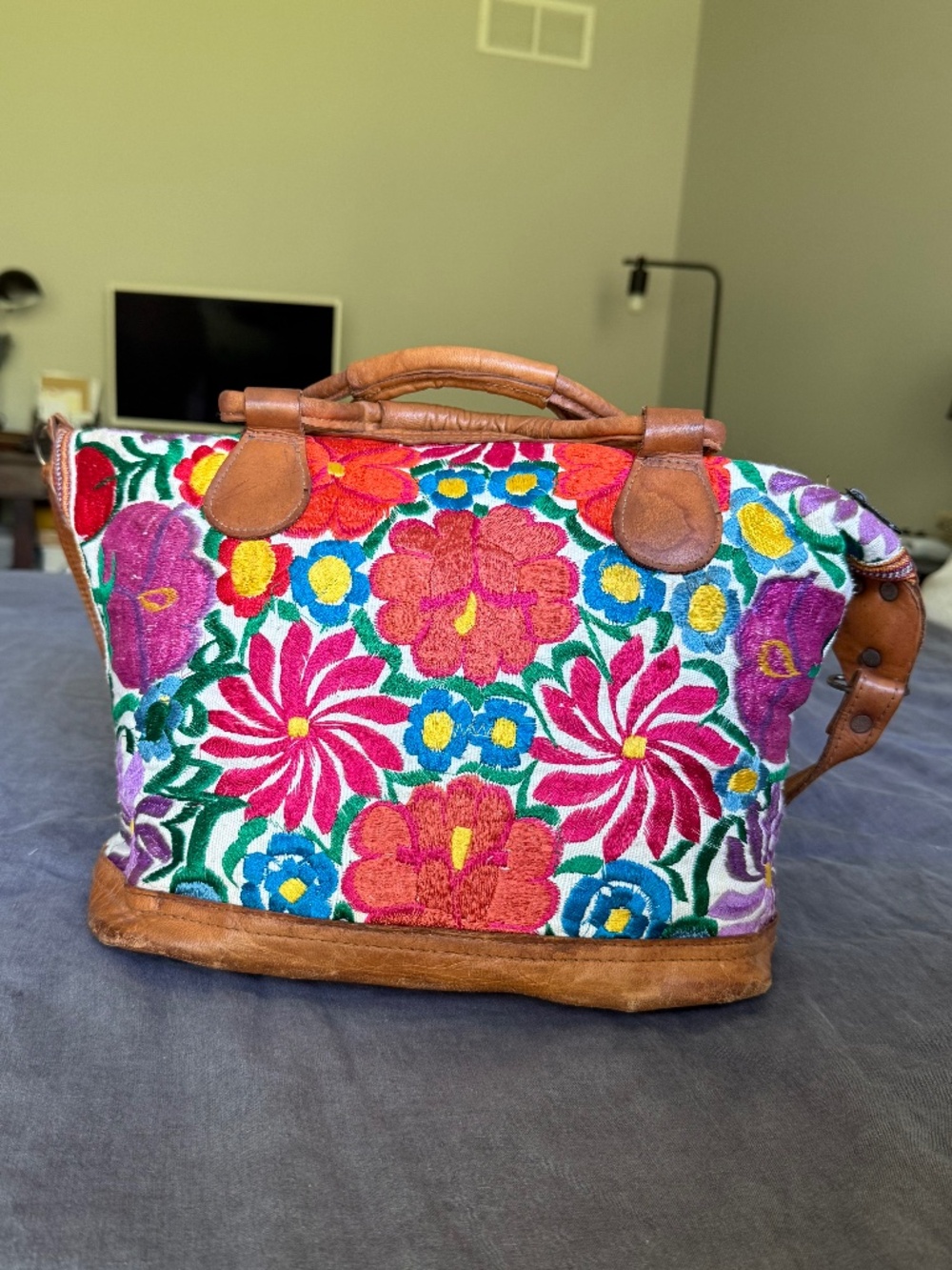 Guatemala Colorful Floral Huipil & Leather Shoulder Hand Bag